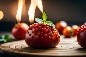 two red tomatoes with leaves and berries on a wooden board. AI-Generated photo