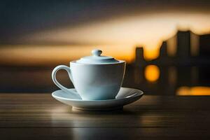 a coffee cup sits on a table in front of a city skyline. AI-Generated photo