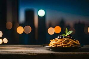 a plate of pasta with a cityscape in the background. AI-Generated photo