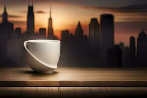 a coffee cup on a table in front of a city skyline. AI-Generated photo