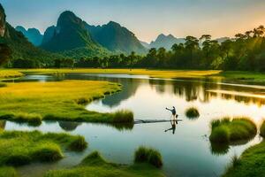 a man is standing on a boat in a river with mountains in the background. AI-Generated photo