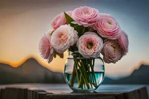 pink flowers in a vase on a table. AI-Generated photo