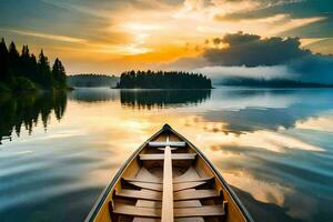 a canoe is floating on a calm lake at sunset. AI-Generated photo