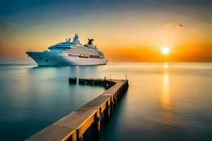 un crucero Embarcacion en el Oceano a puesta de sol. generado por ai foto