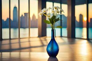 a blue vase with flowers sitting in front of a large window. AI-Generated photo