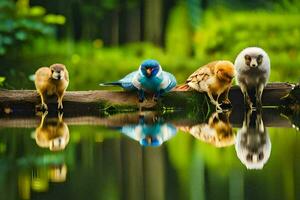 four birds sitting on a log with their reflection in the water. AI-Generated photo