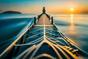 a long exposure photograph of a lighthouse at sunset. AI-Generated photo