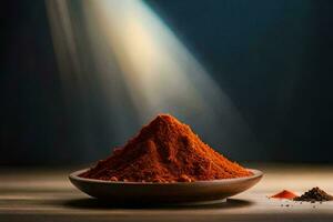 a bowl of red chili powder on a wooden table. AI-Generated photo