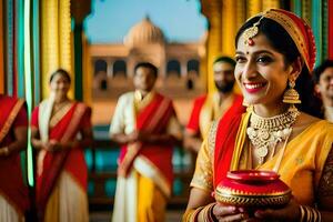 a woman in traditional indian attire holding a red pot. AI-Generated photo