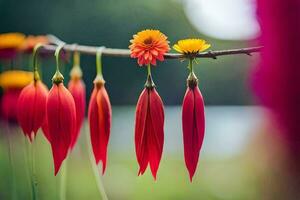 red flowers hanging from a branch. AI-Generated photo