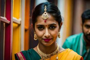 a beautiful indian woman wearing a sari and jewelry. AI-Generated photo