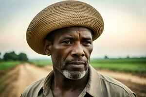 un hombre vistiendo un sombrero soportes en un campo. generado por ai foto