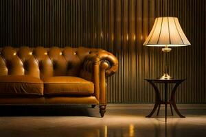 a leather couch and lamp in a dark room. AI-Generated photo