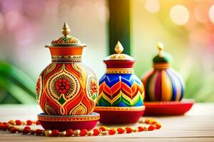 colorful vases with colorful designs on them. AI-Generated photo