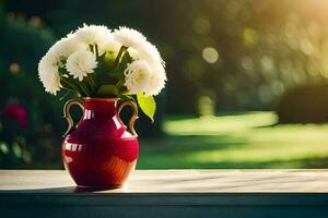 a red vase with white flowers on a table. AI-Generated photo