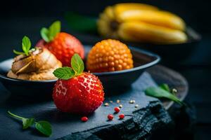 three strawberries and a banana on a black plate. AI-Generated photo