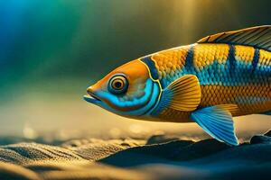 a fish with bright colors is walking on the sand. AI-Generated photo