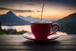 coffee cup on a wooden table with mountains in the background. AI-Generated photo