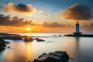 a lighthouse is seen in the sunset over the ocean. AI-Generated photo