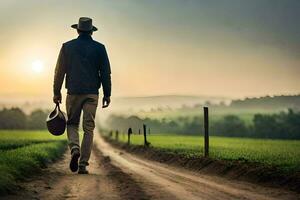 a man walking down a dirt road with a hat and walking stick. AI-Generated photo