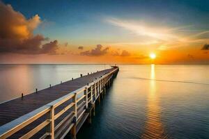 a pier stretching out into the ocean at sunset. AI-Generated photo