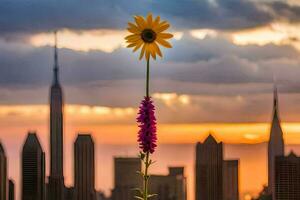 un girasol es en pie en frente de un ciudad horizonte. generado por ai foto