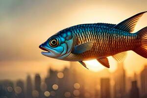 pescado en el ciudad a puesta de sol. generado por ai foto