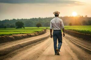 a man in a hat walks down a dirt road. AI-Generated photo