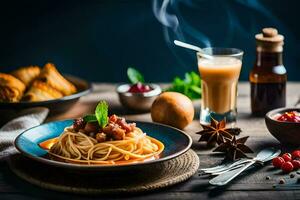 spaghetti with meat sauce and vegetables on a wooden table. AI-Generated photo