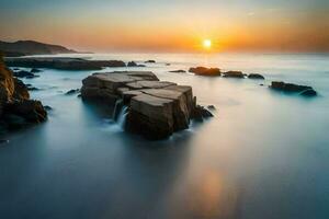 the sun rises over the ocean in this long exposure photo. AI-Generated photo