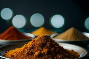 various spices in bowls on a table. AI-Generated photo