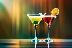 two glasses of cocktails with colorful garnishes. AI-Generated photo