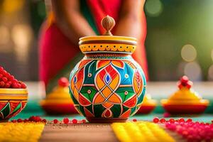 a woman is holding a colorful pot on a table. AI-Generated photo