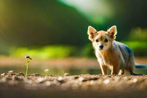 a small dog standing in the dirt near a flower. AI-Generated photo