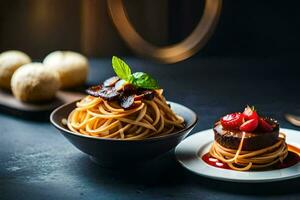 two plates with spaghetti and meat on them. AI-Generated photo