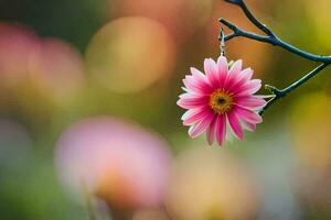 a pink flower is hanging from a branch. AI-Generated photo