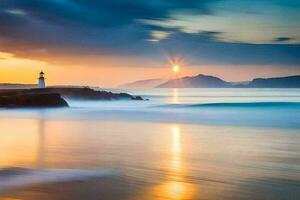 sunrise over the lighthouse at dunmore beach, county kerry, ireland. AI-Generated photo