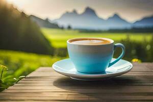 un taza de café en un de madera mesa en el montañas. generado por ai foto