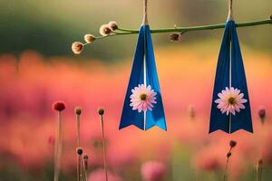 two blue ribbons hanging from a branch in front of a field of flowers. AI-Generated photo