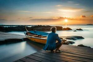 a man sitting on a dock looking at the sunset. AI-Generated photo