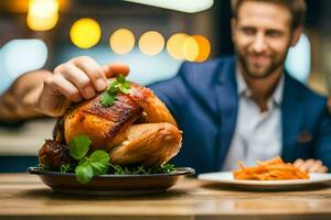 a man is holding a turkey on a plate. AI-Generated photo