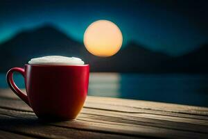 café taza en un de madera mesa con un lleno Luna en el antecedentes. generado por ai foto