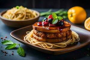 a stack of pancakes with berries and sauce on top. AI-Generated photo