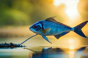 a fish is standing on the water with the sun in the background. AI-Generated photo