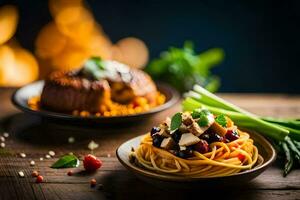 spaghetti with meatballs and asparagus on a wooden table. AI-Generated photo