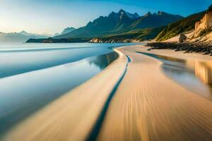 a long exposure photograph of a beach and mountains. AI-Generated photo