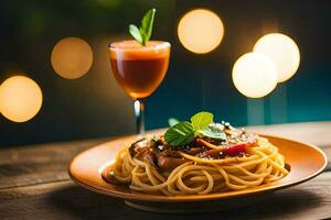 spaghetti with tomato sauce and meat on a plate. AI-Generated photo