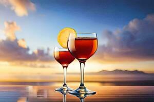 two glasses of wine with a sunset in the background. AI-Generated photo
