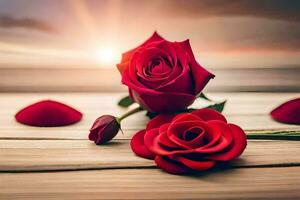 red roses on a wooden table with the sun in the background. AI-Generated photo