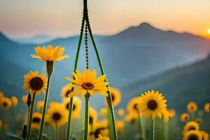 sunflowers in the mountains at sunset. AI-Generated photo
